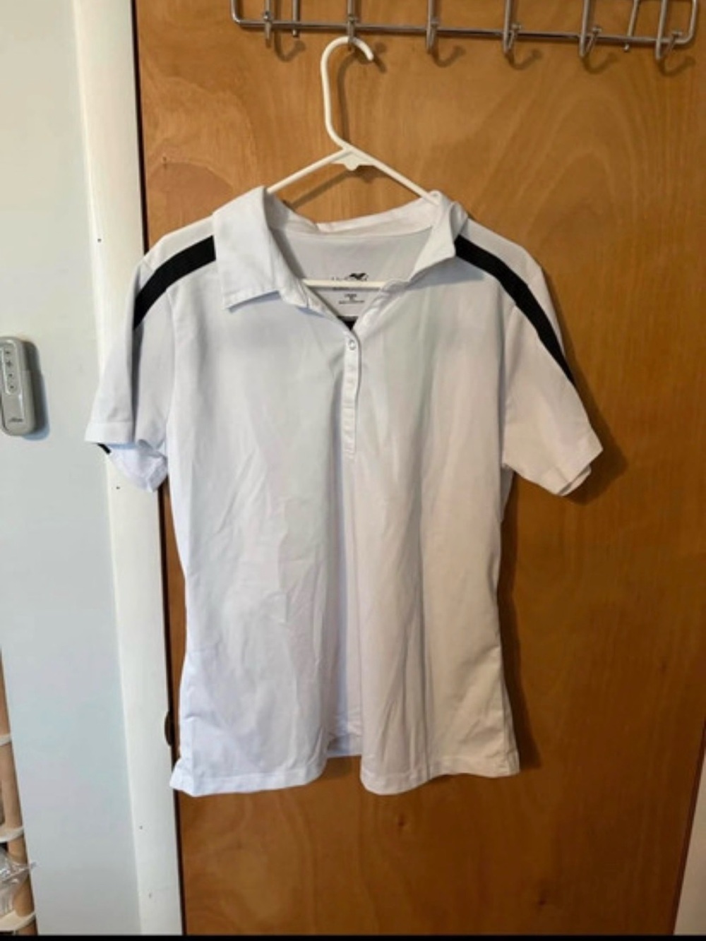 White womens Polo with Black Shoulder Stripe